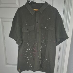 Stylish Army Green Men's Shirt with Paint Splatter Design Round 2 Brand